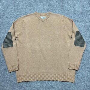 32 Bar Blues Sweater Mens XL Brown Cotton V Neck Elbow Patch Pullover Knit